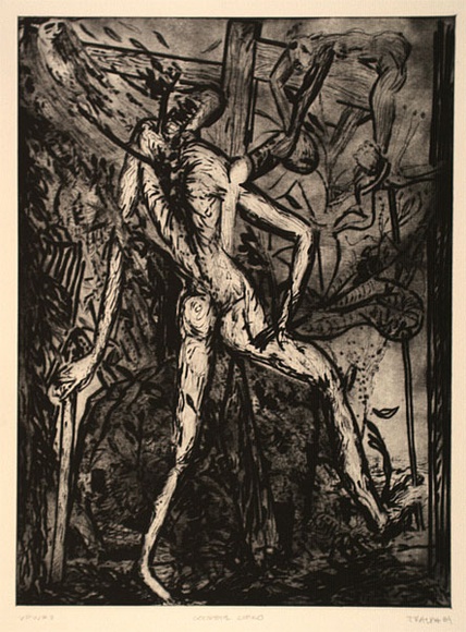 Artist: b'Ralph, Timothy' | Title: b'Goodbye chiko' | Date: 1989 | Technique: b'drypoint, printed in black ink with plate-tone, from one plate' | Copyright: b'\xc2\xa9 Timothy Ralph. Licensed by VISCOPY, Australia' Artist: b'Ralph, Timothy' | Title: b'Goodbye chiko' | Date: 1989 | Technique: b'drypoint, printed in black ink with plate-tone, from one plate' | Copyright: b'\xc2\xa9 Timothy Ralph. Licensed by VISCOPY, Australia'