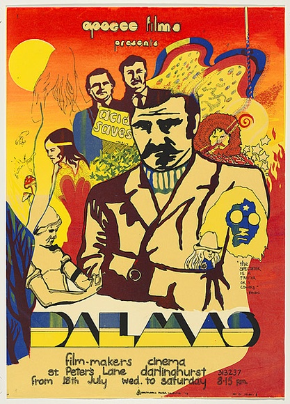 Artist: b'Helen.' | Title: b'Dalmas, Film-makers cinema, Darlinghurst' | Date: 1973 | Technique: b'screenprint, printed in colour, from multiple stencils' Artist: b'Helen.' | Title: b'Dalmas, Film-makers cinema, Darlinghurst' | Date: 1973 | Technique: b'screenprint, printed in colour, from multiple stencils'