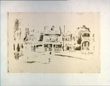 Artist: MACQUEEN, Mary | Title: Street scene, Carlton | Date: 1959 | Technique: lithograph, printed in green ink, from one plate | Copyright: Courtesy Paulette Calhoun, for the estate of Mary Macqueen