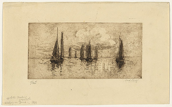 Artist: b'Long, Sydney.' | Title: b'Becalmed' | Date: c.1919 | Technique: b'line-etching, printed in brown ink with plate-tone, from one zinc plate' | Copyright: b'Reproduced with the kind permission of the Ophthalmic Research Institute of Australia' Artist: b'Long, Sydney.' | Title: b'Becalmed' | Date: c.1919 | Technique: b'line-etching, printed in brown ink with plate-tone, from one zinc plate' | Copyright: b'Reproduced with the kind permission of the Ophthalmic Research Institute of Australia'