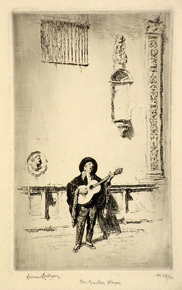 Artist: b'LINDSAY, Lionel' | Title: b'The guitar player' | Date: 1920 | Technique: b'etching, printed in warm black ink with plate-tone, from one plate' | Copyright: b'Courtesy of the National Library of Australia' Artist: b'LINDSAY, Lionel' | Title: b'The guitar player' | Date: 1920 | Technique: b'etching, printed in warm black ink with plate-tone, from one plate' | Copyright: b'Courtesy of the National Library of Australia'