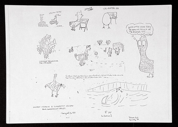 Artist: b'Burt, Warren.' | Title: b'Chickens: a broadsheet from the portfolio Rare birds with sticky wings.' | Date: (1977) | Technique: b'photocopy' Artist: b'Burt, Warren.' | Title: b'Chickens: a broadsheet from the portfolio Rare birds with sticky wings.' | Date: (1977) | Technique: b'photocopy'