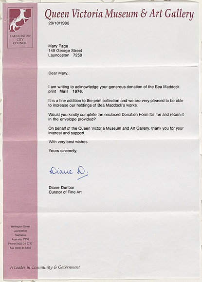 Title: b'Letter from QVMAG to Mary Page [donation of Bea Maddock print]'