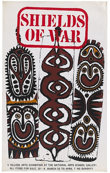 Artist: b'UNKNOWN ARTIST,' | Title: b'Shields of war. A village arts exhibition at the National Arts School Gallery.' | Date: late 1970s | Technique: b'screenprint, printed in colour ink, from multiple stencils' Artist: b'UNKNOWN ARTIST,' | Title: b'Shields of war. A village arts exhibition at the National Arts School Gallery.' | Date: late 1970s | Technique: b'screenprint, printed in colour ink, from multiple stencils'