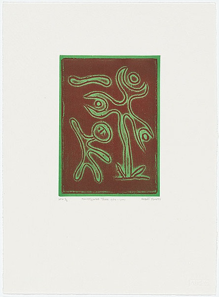 Artist: b'Rooney, Robert.' | Title: b'Moonflower tree 1954 - 2001' | Date: 1954 | Technique: b'etching, printed in black and green ink, from two plates' | Copyright: b'Courtesy of Tolarno Galleries' Artist: b'Rooney, Robert.' | Title: b'Moonflower tree 1954 - 2001' | Date: 1954 | Technique: b'etching, printed in black and green ink, from two plates' | Copyright: b'Courtesy of Tolarno Galleries'