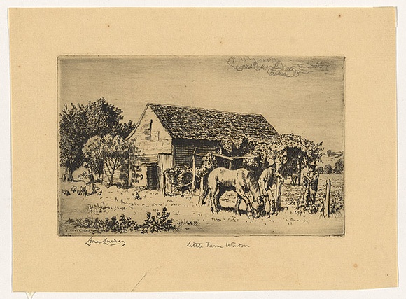 Artist: b'LINDSAY, Lionel' | Title: b'Little farm, Windsor' | Date: 1919 | Technique: b'etching, printed in warm black ink with plate-tone, from one plate' | Copyright: b'Courtesy of the National Library of Australia' Artist: b'LINDSAY, Lionel' | Title: b'Little farm, Windsor' | Date: 1919 | Technique: b'etching, printed in warm black ink with plate-tone, from one plate' | Copyright: b'Courtesy of the National Library of Australia'