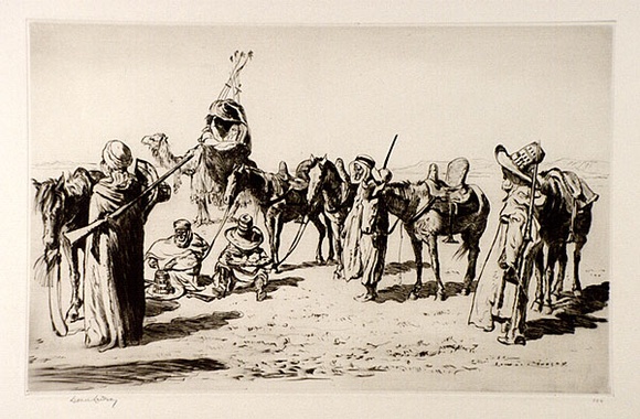 Artist: b'LINDSAY, Lionel' | Title: b'The Bassra guard' | Date: 1929 | Technique: b'drypoint, printed in brown ink, from one plate' | Copyright: b'Courtesy of the National Library of Australia' Artist: b'LINDSAY, Lionel' | Title: b'The Bassra guard' | Date: 1929 | Technique: b'drypoint, printed in brown ink, from one plate' | Copyright: b'Courtesy of the National Library of Australia'