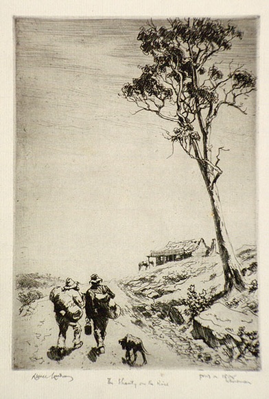 Artist: b'LINDSAY, Lionel' | Title: b'The shanty on the rise' | Date: 1922 | Technique: b'etching, printed in black ink with plate-tone, from one plate' | Copyright: b'Courtesy of the National Library of Australia' Artist: b'LINDSAY, Lionel' | Title: b'The shanty on the rise' | Date: 1922 | Technique: b'etching, printed in black ink with plate-tone, from one plate' | Copyright: b'Courtesy of the National Library of Australia'