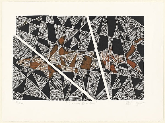 Artist: b'Robinson, Brian.' | Title: b'Lurking Baidam' | Date: 1995 | Technique: b'linocut, printed in black ink, from one block; hand-coloured' Artist: b'Robinson, Brian.' | Title: b'Lurking Baidam' | Date: 1995 | Technique: b'linocut, printed in black ink, from one block; hand-coloured'