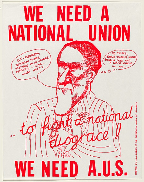 Artist: b'UNKNOWN' | Title: b'We need a National Union..to fight a national disgrace! We need A.U.S.' | Date: 1978 | Technique: b'screenprint, printed in red ink, from one stencil' Artist: b'UNKNOWN' | Title: b'We need a National Union..to fight a national disgrace! We need A.U.S.' | Date: 1978 | Technique: b'screenprint, printed in red ink, from one stencil'