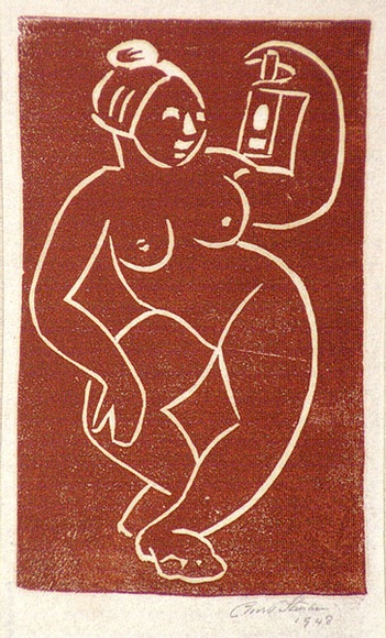 Artist: b'Stephen, Clive.' | Title: b'(Nude with lantern)' | Date: 1948 | Technique: b'linocut, printed in reddish/brown ink, from one block' Artist: b'Stephen, Clive.' | Title: b'(Nude with lantern)' | Date: 1948 | Technique: b'linocut, printed in reddish/brown ink, from one block'
