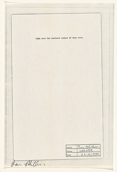Title: b'Walk into the farthest corner of this room' | Date: 1970 | Technique: b'pen and ink on typescript on offset-lithograph and xerox' Title: b'Walk into the farthest corner of this room' | Date: 1970 | Technique: b'pen and ink on typescript on offset-lithograph and xerox'