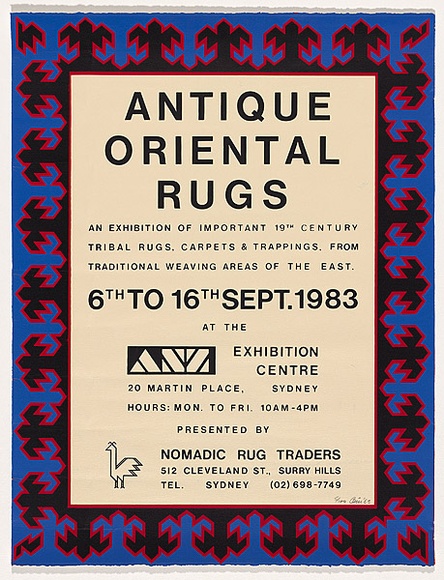 Title: b'Antique Oriental rugs: 6th to 16th Sept. 1983: At the Exhibition Centre.' | Date: 1983 | Technique: b'linocut, printed in colour, from three blocks' Title: b'Antique Oriental rugs: 6th to 16th Sept. 1983: At the Exhibition Centre.' | Date: 1983 | Technique: b'linocut, printed in colour, from three blocks'