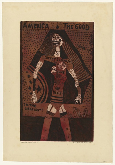 Artist: b'HANRAHAN, Barbara' | Title: b'America the good' | Date: 1964 | Technique: b'etching, printed in colour from two plates' Artist: b'HANRAHAN, Barbara' | Title: b'America the good' | Date: 1964 | Technique: b'etching, printed in colour from two plates'