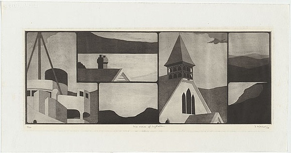 Artist: b'Mitchell, Derek.' | Title: b'Six views of Lyttelton' | Date: 1968 | Technique: b'aquatint, printed in black ink, from one plate' Artist: b'Mitchell, Derek.' | Title: b'Six views of Lyttelton' | Date: 1968 | Technique: b'aquatint, printed in black ink, from one plate'