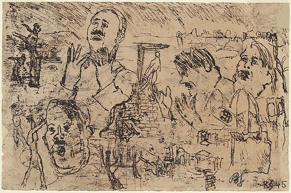 Artist: b'Simon, Bruno.' | Title: b'Hitler still speaks Let not an evil speaker be established in the earth: evil shall hunt the violent man to overthrow him Psalm 140.' | Date: 1945 | Technique: b'monotype, printed in brown ink, from one plate' Artist: b'Simon, Bruno.' | Title: b'Hitler still speaks Let not an evil speaker be established in the earth: evil shall hunt the violent man to overthrow him Psalm 140.' | Date: 1945 | Technique: b'monotype, printed in brown ink, from one plate'