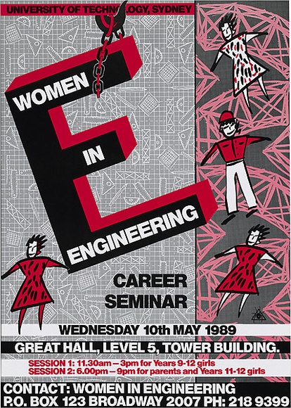 Artist: b'REDBACK GRAPHIX' | Title: b'Women in engineering career seminar.' | Date: 1989 | Technique: b'offset-lithograph, printed in colour, from multiple plates' Artist: b'REDBACK GRAPHIX' | Title: b'Women in engineering career seminar.' | Date: 1989 | Technique: b'offset-lithograph, printed in colour, from multiple plates'