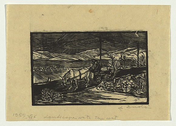 Artist: b'Groblicka, Lidia.' | Title: b'Landscape with cart' | Date: 1955-56 | Technique: b'woodcut, printed in black ink, from one block' Artist: b'Groblicka, Lidia.' | Title: b'Landscape with cart' | Date: 1955-56 | Technique: b'woodcut, printed in black ink, from one block'