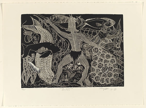 Artist: b'NONA, Laurie' | Title: b'Giegie Rungathd (Day Trip)' | Date: 1997 | Technique: b'linocut, printed in black ink, from one block' Artist: b'NONA, Laurie' | Title: b'Giegie Rungathd (Day Trip)' | Date: 1997 | Technique: b'linocut, printed in black ink, from one block'