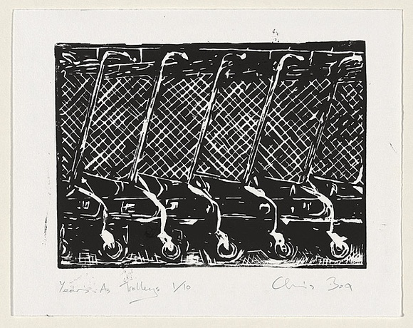 Artist: b'Box, Chris' | Title: b'Years as trolleys' | Date: 1999 | Technique: b'linocut, printed in black ink, from one block' Artist: b'Box, Chris' | Title: b'Years as trolleys' | Date: 1999 | Technique: b'linocut, printed in black ink, from one block'