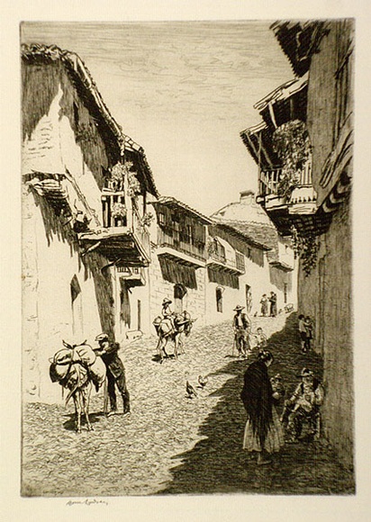 Artist: b'LINDSAY, Lionel' | Title: b'Street of the Kings, Guadalupe' | Date: 1945 | Technique: b'etching, printed in brown ink with plate-tone, from one plate' | Copyright: b'Courtesy of the National Library of Australia' Artist: b'LINDSAY, Lionel' | Title: b'Street of the Kings, Guadalupe' | Date: 1945 | Technique: b'etching, printed in brown ink with plate-tone, from one plate' | Copyright: b'Courtesy of the National Library of Australia'