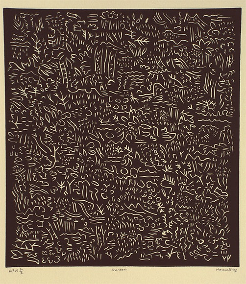 Artist: b'Marshall, John.' | Title: b'Garden' | Date: 1993 | Technique: b'linocut, printed in black ink, from one block' Artist: b'Marshall, John.' | Title: b'Garden' | Date: 1993 | Technique: b'linocut, printed in black ink, from one block'