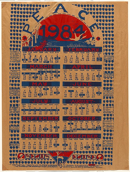 Artist: b'SYDNEY UNIVERSITY STUDENTS' | Title: b'Peace Calendar 84' | Date: 1983 | Technique: b'screenprint, printed in colour, from two stencils'