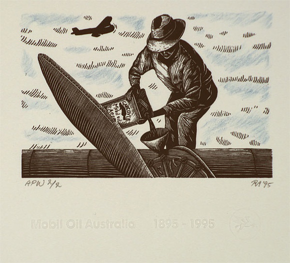 Artist: b'Atkins, Ros.' | Title: b'Plane/man' | Date: 1995, August | Technique: b'wood-engraving, printed in black ink, from one block; lithograph, printed in blue ink, from one stone' Artist: b'Atkins, Ros.' | Title: b'Plane/man' | Date: 1995, August | Technique: b'wood-engraving, printed in black ink, from one block; lithograph, printed in blue ink, from one stone'