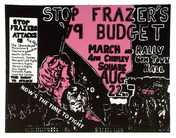 Artist: b'Hayes, Ray.' | Title: bStop Fraser's '79 Budget | Date: 1979 | Technique: b'screenprint, printed in colour, from two stencils' Artist: b'Hayes, Ray.' | Title: bStop Fraser's '79 Budget | Date: 1979 | Technique: b'screenprint, printed in colour, from two stencils'