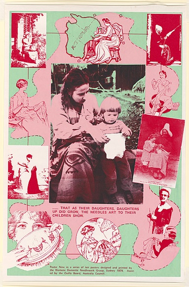 Artist: bWomen's Domestic Needlework Group. | Title: b'...that as their daughters, daughters up did grow, the needles art to their children show' | Date: 1979 | Technique: b'screenprint, printed in colour, from multiple stencils' Artist: bWomen's Domestic Needlework Group. | Title: b'...that as their daughters, daughters up did grow, the needles art to their children show' | Date: 1979 | Technique: b'screenprint, printed in colour, from multiple stencils'
