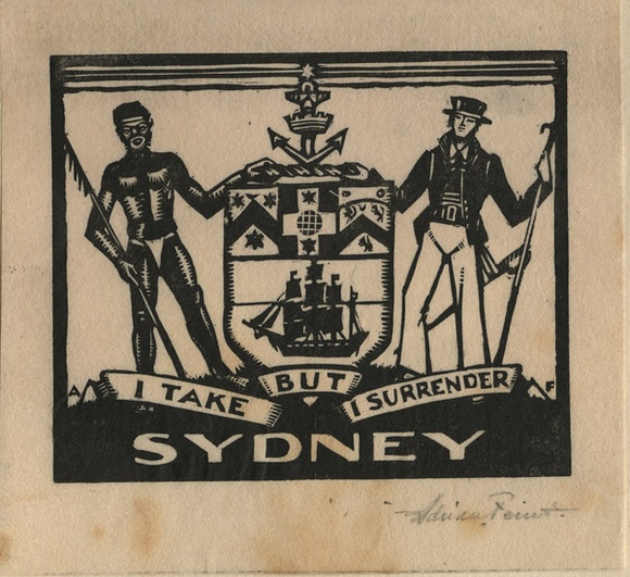 Artist: b'FEINT, Adrian' | Title: b'Sydney; I take but I surrender.' | Date: c.1930 | Technique: b'wood-engraving, printed in black ink, from one block' | Copyright: b'Courtesy the Estate of Adrian Feint' Artist: b'FEINT, Adrian' | Title: b'Sydney; I take but I surrender.' | Date: c.1930 | Technique: b'wood-engraving, printed in black ink, from one block' | Copyright: b'Courtesy the Estate of Adrian Feint'