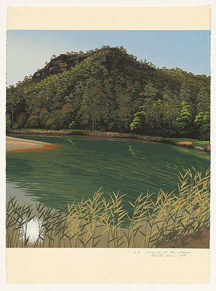 Artist: b'Rose, David.' | Title: b'Riverbend at the Ashram' | Date: 1986 | Technique: b'screenprint, printed in colour, from multiple stencils' Artist: b'Rose, David.' | Title: b'Riverbend at the Ashram' | Date: 1986 | Technique: b'screenprint, printed in colour, from multiple stencils'