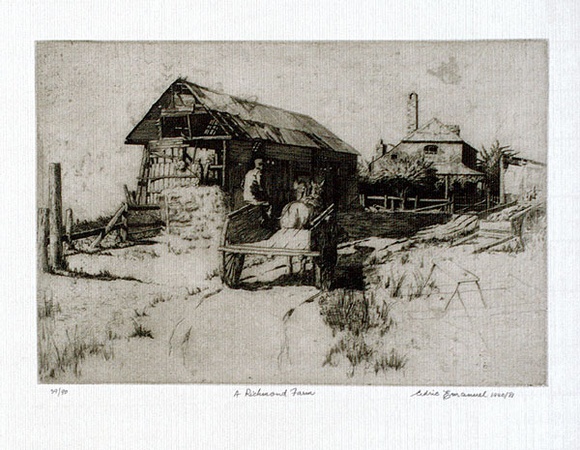 Artist: b'Emanuel, Cedric.' | Title: b'A Richmond farm.' | Date: 1940 | Technique: b'etching, printed in brown ink with plate-tone, from one plate' Artist: b'Emanuel, Cedric.' | Title: b'A Richmond farm.' | Date: 1940 | Technique: b'etching, printed in brown ink with plate-tone, from one plate'