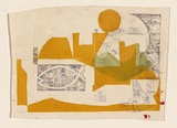 Title: The red bridge | Date: c. 1955 | Technique: screenprint, printed in tan ink, from one stencil; stamped print, printed in colour, from multiple stamps