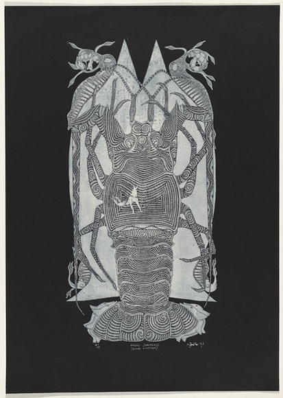 Artist: b'NONA, Laurie' | Title: b'Lagau Dunalaig (Island lifestyle)' | Date: 1998 | Technique: b'linocut, printed in white ink, from one block' Artist: b'NONA, Laurie' | Title: b'Lagau Dunalaig (Island lifestyle)' | Date: 1998 | Technique: b'linocut, printed in white ink, from one block'
