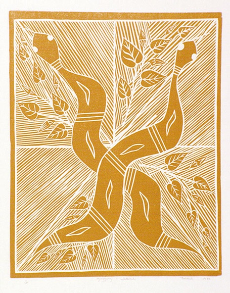 Artist: b'Marika, Banduk.' | Title: b'Djaygung and waterlily' | Date: 1985 | Technique: b'linocut, printed in yellow ink, from one block' Artist: b'Marika, Banduk.' | Title: b'Djaygung and waterlily' | Date: 1985 | Technique: b'linocut, printed in yellow ink, from one block'