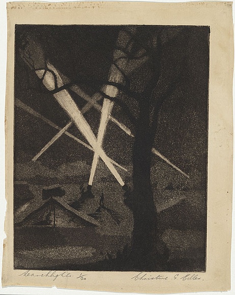 Artist: b'Aldor, Christine.' | Title: b'Searchlights.' | Date: 1940s | Technique: b'aquatint, printed in brown ink, from one plate' Artist: b'Aldor, Christine.' | Title: b'Searchlights.' | Date: 1940s | Technique: b'aquatint, printed in brown ink, from one plate'
