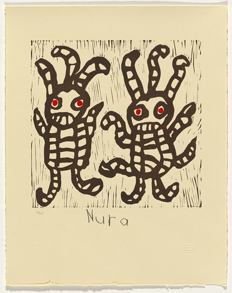 Artist: b'RUPERT, Nura' | Title: b'Mamu kutjara' | Date: 2003 | Technique: b'linocut, printed in black ink, from one block' | Copyright: b'\xc2\xa9 Nura Rupert. Licensed by VISCOPY, Australia, 2008.' Artist: b'RUPERT, Nura' | Title: b'Mamu kutjara' | Date: 2003 | Technique: b'linocut, printed in black ink, from one block' | Copyright: b'\xc2\xa9 Nura Rupert. Licensed by VISCOPY, Australia, 2008.'