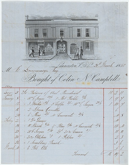 Title: b'Billhead: Colin N. Campbell, Launceston' | Date: (1850) | Technique: b'line-engraving, printed in black ink, from one copper plate; pen and ink and pencil' Title: b'Billhead: Colin N. Campbell, Launceston' | Date: (1850) | Technique: b'line-engraving, printed in black ink, from one copper plate; pen and ink and pencil'