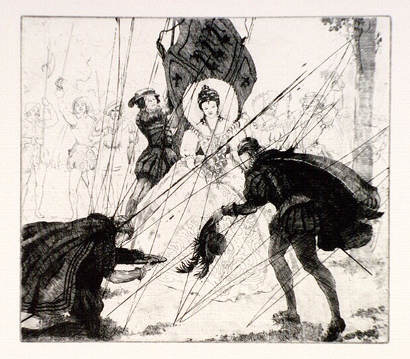 Artist: b'FEINT, Adrian' | Title: b'(Sir Walter Raleigh throwing down his cloak for Elizabeth I).' | Technique: b'etching, printed in black ink, from one plate' | Copyright: b'Courtesy the Estate of Adrian Feint' Artist: b'FEINT, Adrian' | Title: b'(Sir Walter Raleigh throwing down his cloak for Elizabeth I).' | Technique: b'etching, printed in black ink, from one plate' | Copyright: b'Courtesy the Estate of Adrian Feint'
