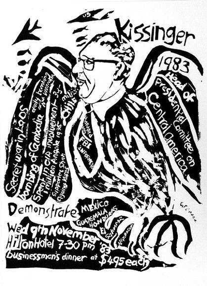 Artist: b'Gibb, Viva Jillian.' | Title: b'Anti Kissinger' | Date: 1983 | Technique: b'screenprint, printed in brown ink, from one stencil' Artist: b'Gibb, Viva Jillian.' | Title: b'Anti Kissinger' | Date: 1983 | Technique: b'screenprint, printed in brown ink, from one stencil'